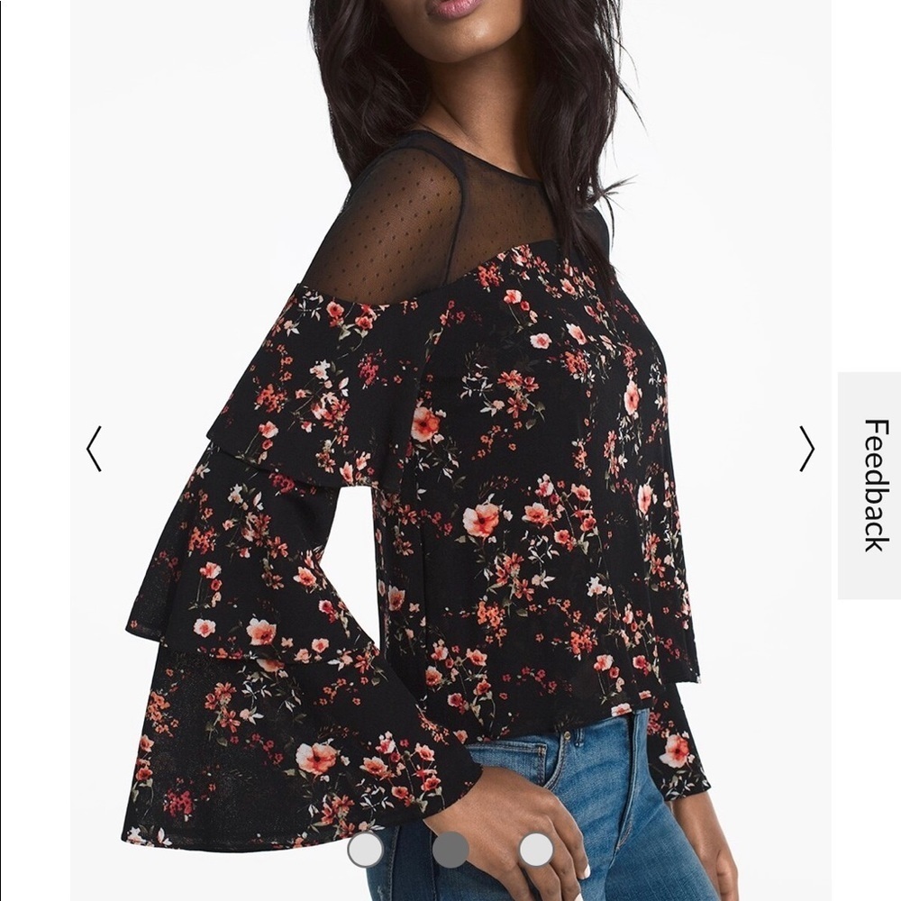 NWOT WHBM Floral print / mesh dot / blouse tiered bell sleeves stretch Small